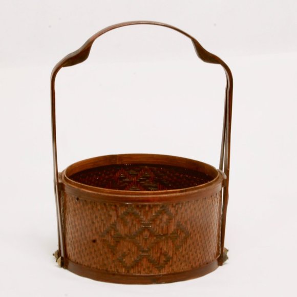 Vintage Chinese Woven Rattan Carrying Basket with Large Tripartite Handle - Picture 1 of 8